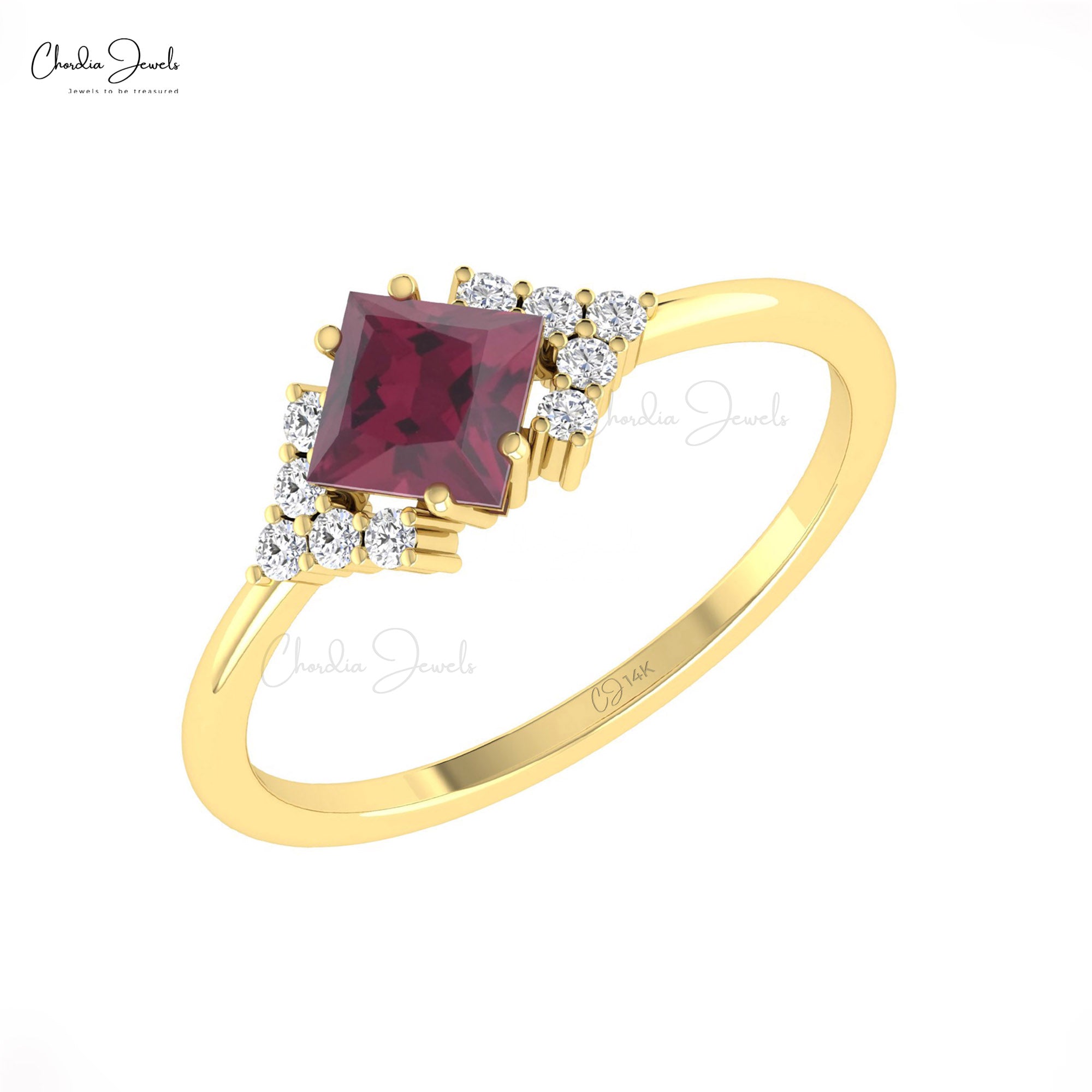 Square Half Halo Ring With 5mm Rhodolite Garnet And Diamond Pave Set In 14k Gold Rings