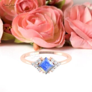 Authentic Moonstone Half Halo Ring In Solid Gold G-H Diamond Proposal Minimal Jewelry