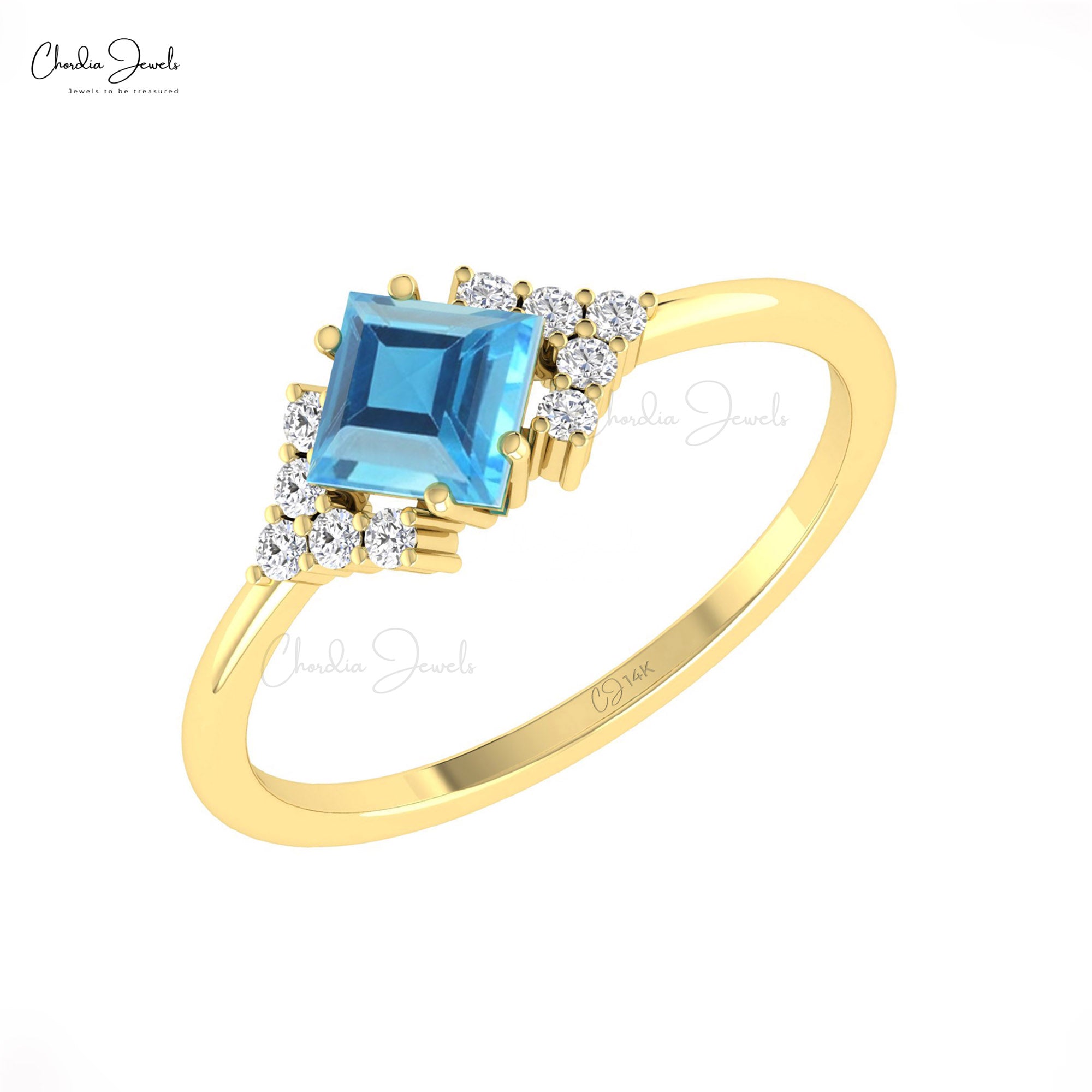 AAA Swiss Blue Topaz Half Halo Ring In Solid 14k Gold Gemstone Diamond Fine Jewelry