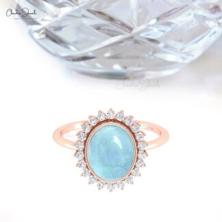Bezel Set Halo Promise Ring With 10x8mm Aquamarine And Diamond 14k Real Gold Women Ring
