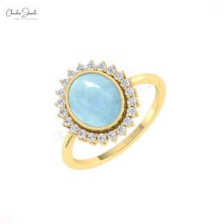 Bezel Set Halo Promise Ring With 10x8mm Aquamarine And Diamond 14k Real Gold Women Ring