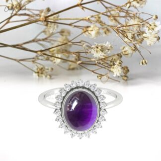 Solid 14k Gold Halo Ring With 10x8mm Oval Amethyst And Diamond Statement Wedding Rings