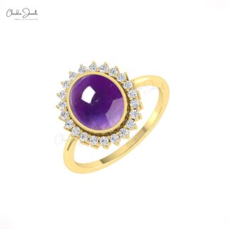 Solid 14k Gold Halo Ring With 10x8mm Oval Amethyst And Diamond Statement Wedding Rings