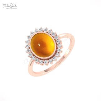 Delicate Citrine Statement Ring With Halo Diamond 14k Real Gold Handmade Rings For Her