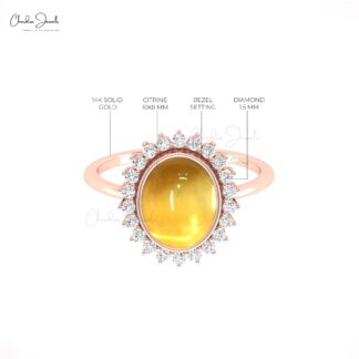 Delicate Citrine Statement Ring With Halo Diamond 14k Real Gold Handmade Rings For Her
