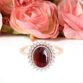 Natural Red Garnet Halo Ring In Pure 14k Gold G-H Diamond Hallmarked Jewelry For Women