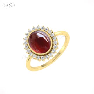 Natural Red Garnet Halo Ring In Pure 14k Gold G-H Diamond Hallmarked Jewelry For Women