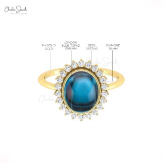 Diamond Halo Wedding Ring In 14k Solid Gold London Blue Topaz Bezel Set Hallmark Ring