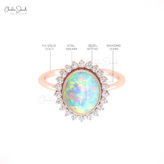 Halo Oval Statement Ring In 14k Solid Gold Fire Opal And G-H Diamond Anniversary Ring