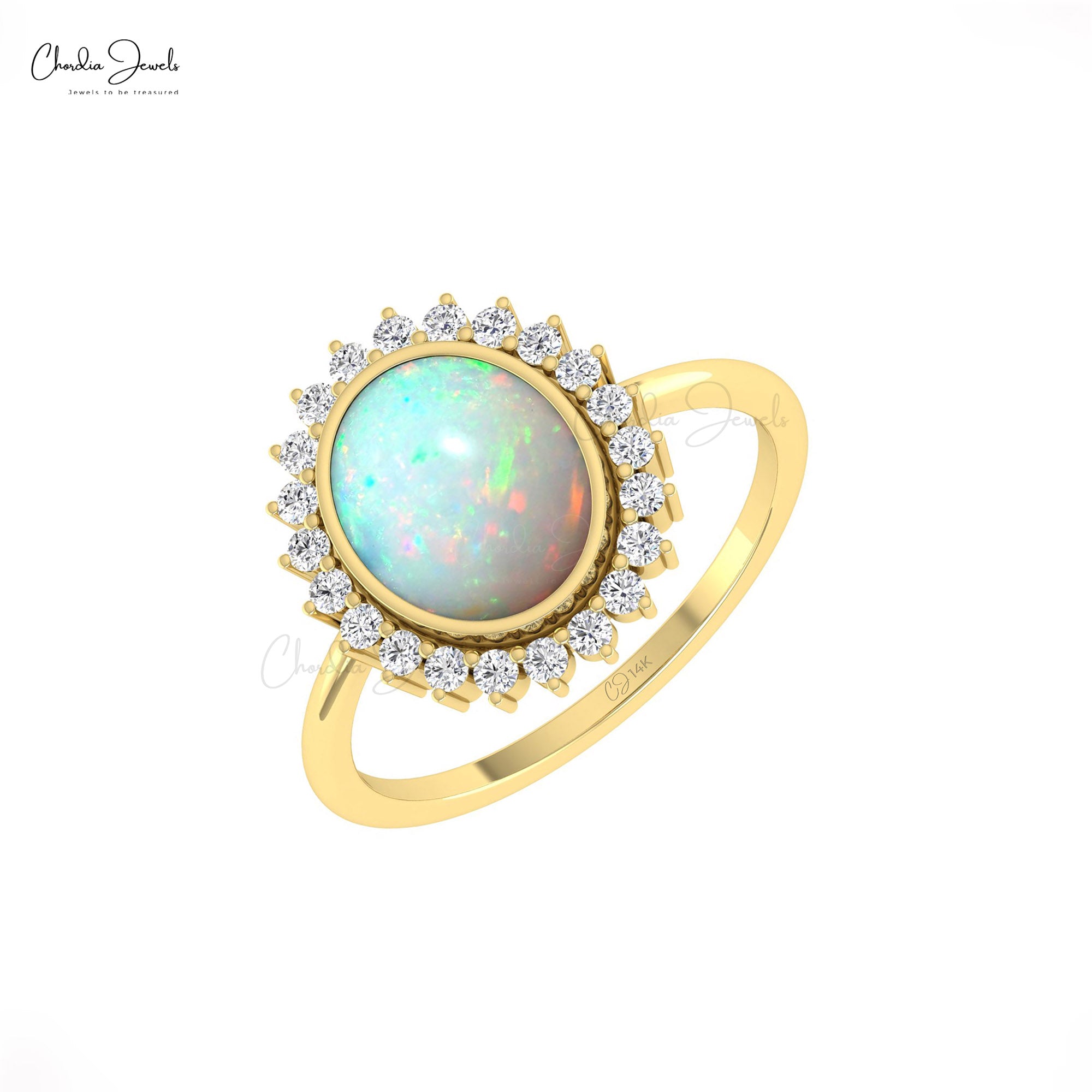 Halo Oval Statement Ring In 14k Solid Gold Fire Opal And G-H Diamond Anniversary Ring