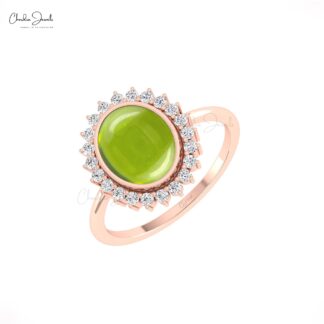 Real 14k Gold Statement Ring With 10x8mm Peridot Gemstone And Diamond Halo Rings