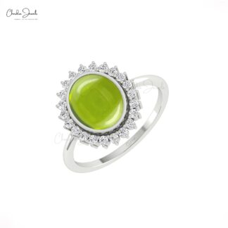 Real 14k Gold Statement Ring With 10x8mm Peridot Gemstone And Diamond Halo Rings