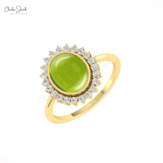 Real 14k Gold Statement Ring With 10x8mm Peridot Gemstone And Diamond Halo Rings