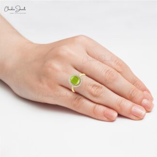 Real 14k Gold Statement Ring With 10x8mm Peridot Gemstone And Diamond Halo Rings
