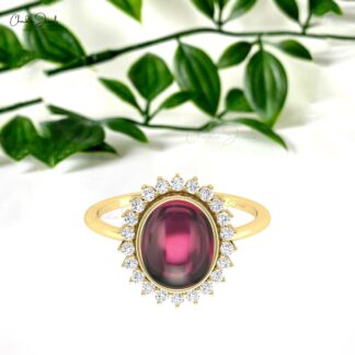 AAA Rhodolite Garnet Statement Ring In 14k Pure Gold Halo Diamond Promise Rings For Her