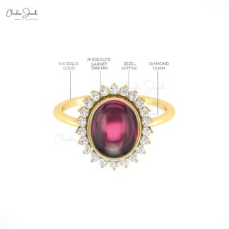 AAA Rhodolite Garnet Statement Ring In 14k Pure Gold Halo Diamond Promise Rings For Her