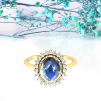 Pure 14k Gold Halo Diamond Ring With 10x8mm Rainbow Moonstone Engagement Rings For Her