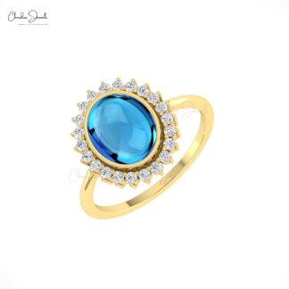 Halo Diamond Bridal Ring With 10x8mm Swiss Blue Topaz Bezel Set In 14k Real Gold Rings