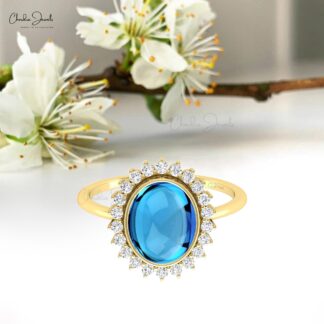 Halo Diamond Bridal Ring With 10x8mm Swiss Blue Topaz Bezel Set In 14k Real Gold Rings