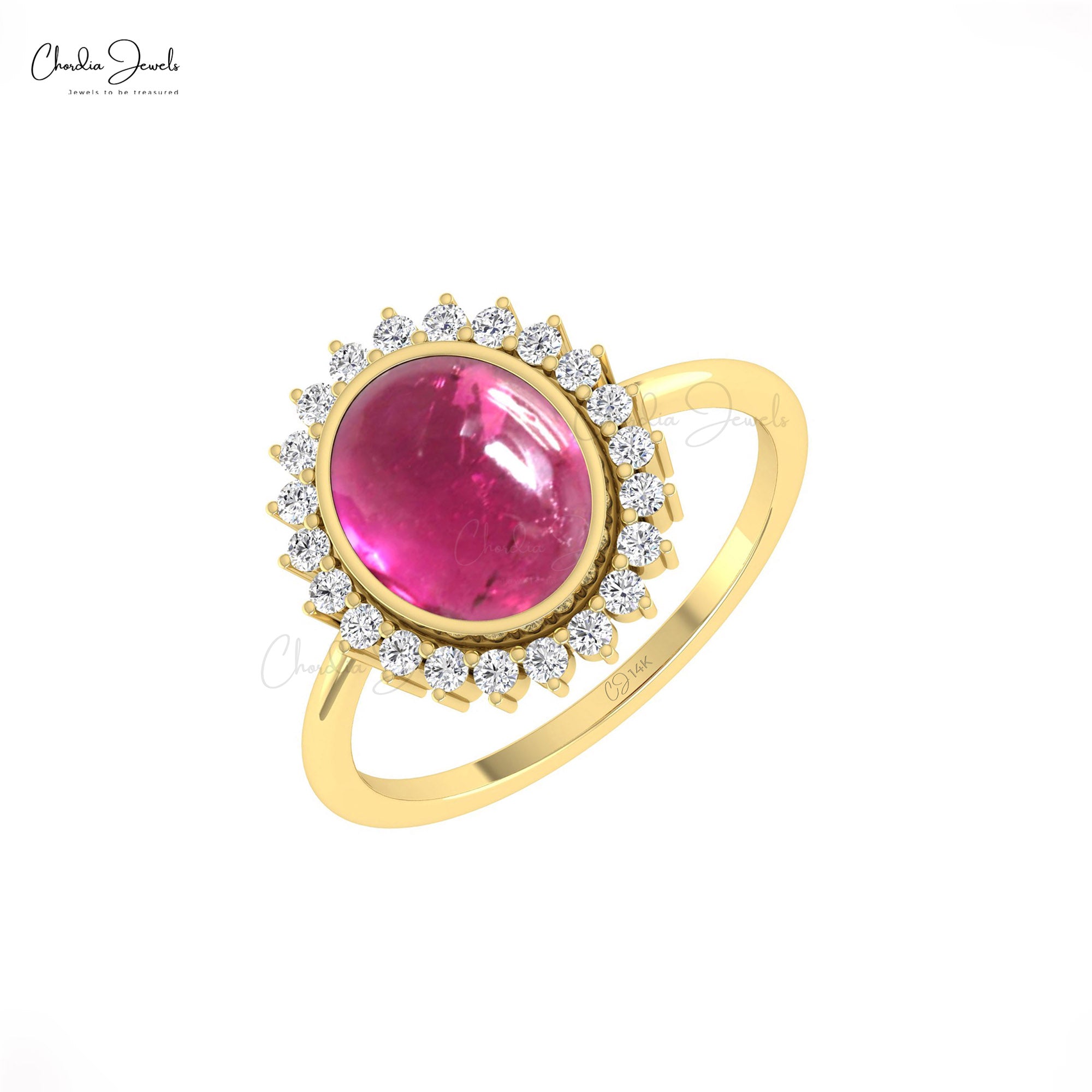 Oval Pink Tourmaline Statement Ring In 14k Pure Gold Halo Diamond Engagement Fine Rings