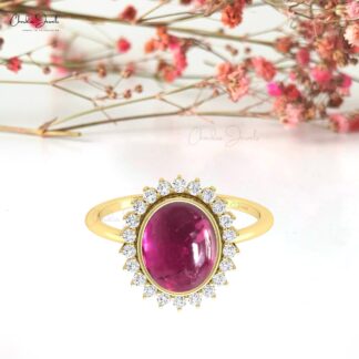 Oval Pink Tourmaline Statement Ring In 14k Pure Gold Halo Diamond Engagement Fine Rings