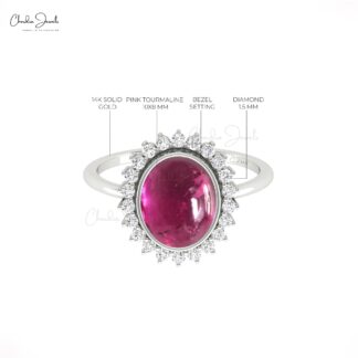 Oval Pink Tourmaline Statement Ring In 14k Pure Gold Halo Diamond Engagement Fine Rings
