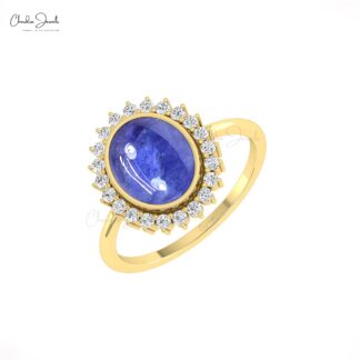 Statement Halo Diamond Ring With 10x8mm Tanzanite Bezel Set In 14k Real Gold Bridal Rings