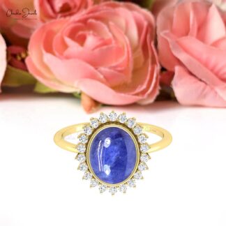 Statement Halo Diamond Ring With 10x8mm Tanzanite Bezel Set In 14k Real Gold Bridal Rings