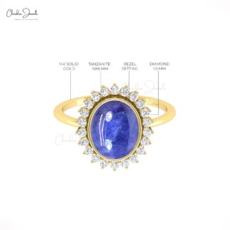 Statement Halo Diamond Ring With 10x8mm Tanzanite Bezel Set In 14k Real Gold Bridal Rings