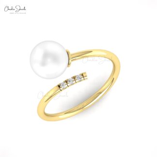 Open Cuff Proposal Ring With 8mm Sphere Pearl And Diamond Pave In 14k Yellow Gold Rings