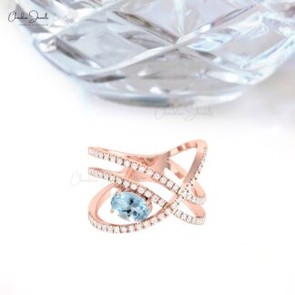Oval Crossover Bridal Ring In Solid 14k Gold Aquamarine And G-H Diamond Unique Rings