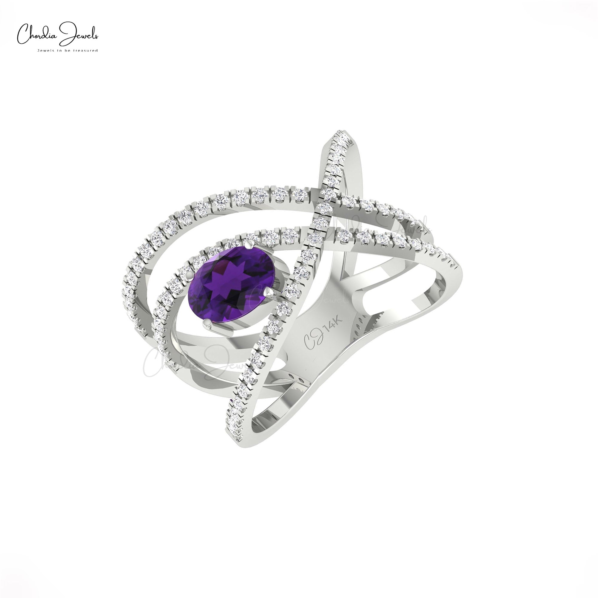 Infinity Bypass Gemstone Ring With 0.72 Ct Amethyst Diamond Pave In 14k Real Gold Rings