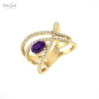 Infinity Bypass Gemstone Ring With 0.72 Ct Amethyst Diamond Pave In 14k Real Gold Rings