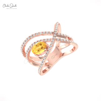Diamond Overlapping Ring With 0.72 Ct Citrine Oval Cut 14k Real Gold Wedding Rings