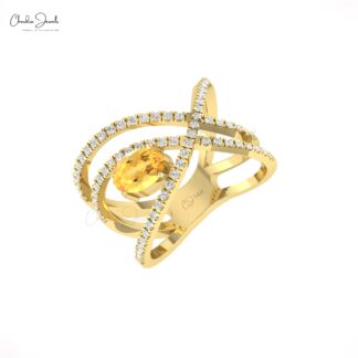 Diamond Overlapping Ring With 0.72 Ct Citrine Oval Cut 14k Real Gold Wedding Rings
