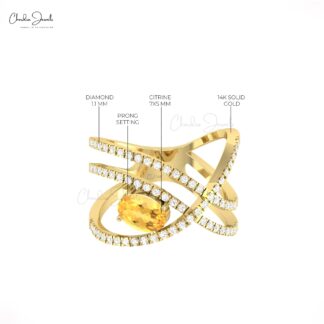 Diamond Overlapping Ring With 0.72 Ct Citrine Oval Cut 14k Real Gold Wedding Rings