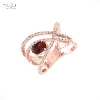Dainty Diamond Crossover Ring In 14k Solid Gold Red Garnet 7x5mm Oval Anniversary Ring