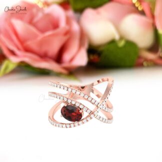 Dainty Diamond Crossover Ring In 14k Solid Gold Red Garnet 7x5mm Oval Anniversary Ring