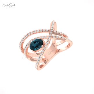Delicate Crossover Ring In Pure 14k Gold London Blue Topaz And G-H Diamond Infinity Rings