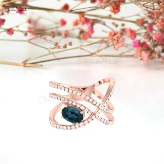 Delicate Crossover Ring In Pure 14k Gold London Blue Topaz And G-H Diamond Infinity Rings