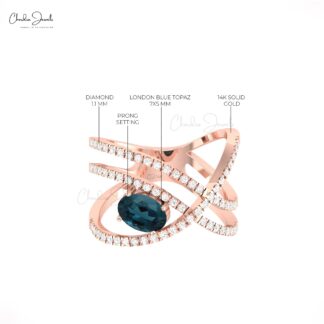 Delicate Crossover Ring In Pure 14k Gold London Blue Topaz And G-H Diamond Infinity Rings