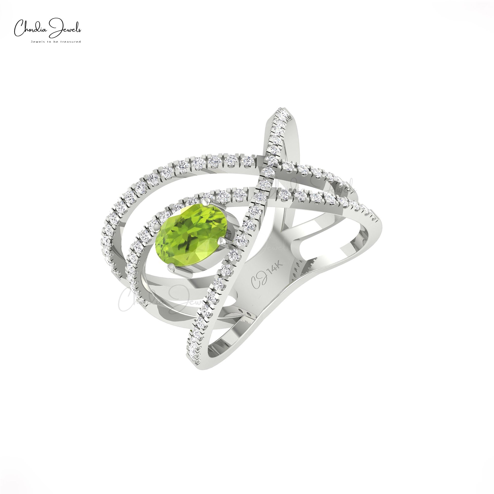 Statement Diamond Ring With 7x5mm Peridot August Birthstone 14k Real Gold Infinity Rings