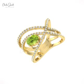 Statement Diamond Ring With 7x5mm Peridot August Birthstone 14k Real Gold Infinity Rings