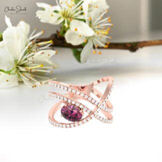 Natural Rhodolite Garnet Infinity Ring In Pure 14k Gold Pave Diamond Fine Jewelry For Her