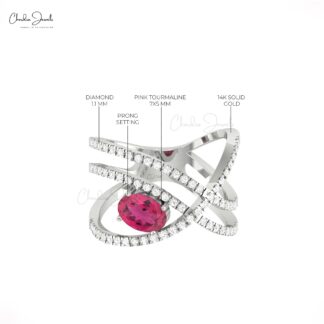 Overlapping Diamond Ring With 7x5mm Pink Tourmaline Infinity Rings In 14k Real Gold