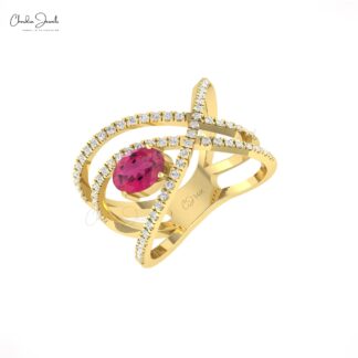 Overlapping Diamond Ring With 7x5mm Pink Tourmaline Infinity Rings In 14k Real Gold