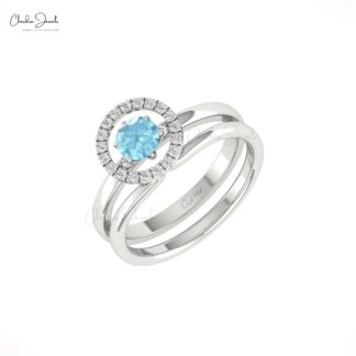 Round Cut Dual Band In 14k Real Gold Aquamarine 5mm Gemstone And Halo Diamond Ring