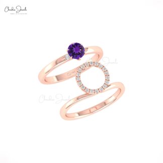 Real 14k Gold Solitaire Halo Ring with 0.45 Ct Amethyst And Diamond Circle Promise Ring