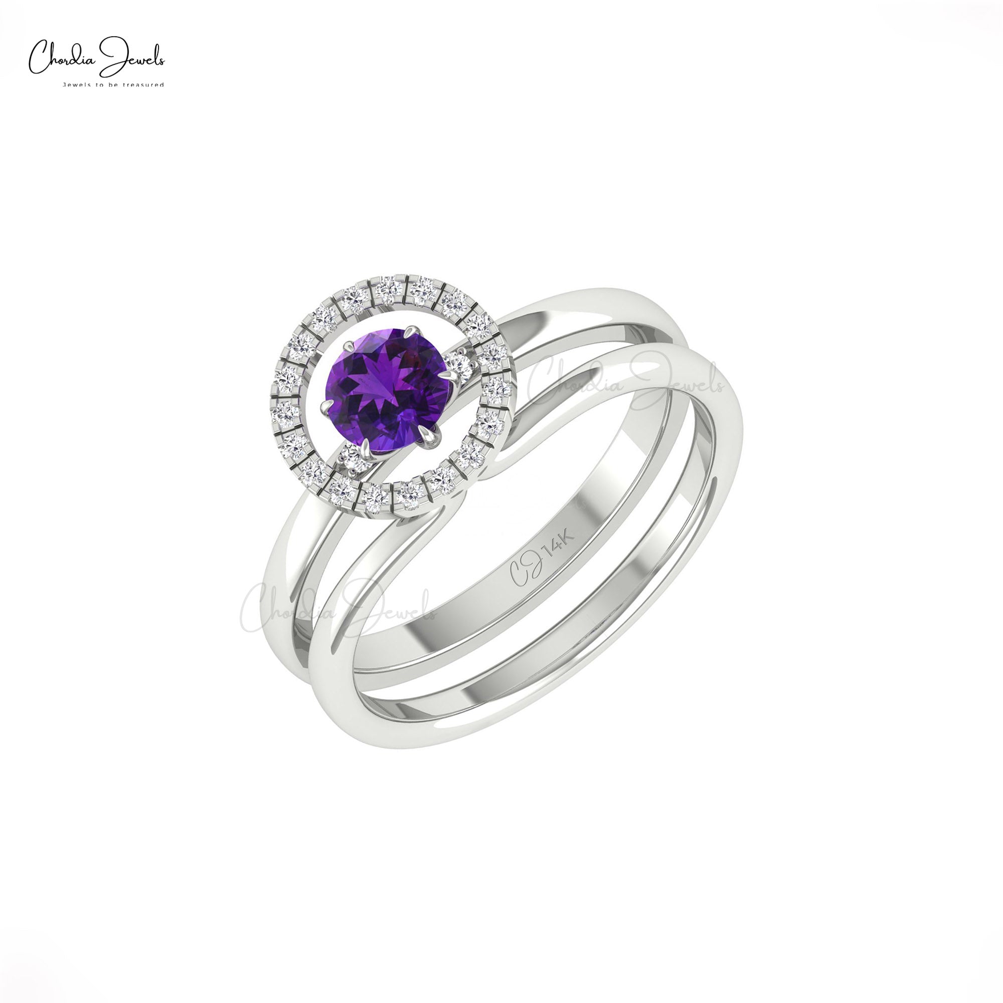 Real 14k Gold Solitaire Halo Ring with 0.45 Ct Amethyst And Diamond Circle Promise Ring
