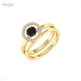 Solitaire Halo Diamond Ring In 14k Solid Gold Black Diamond 5mm Round Cut Wedding Rings